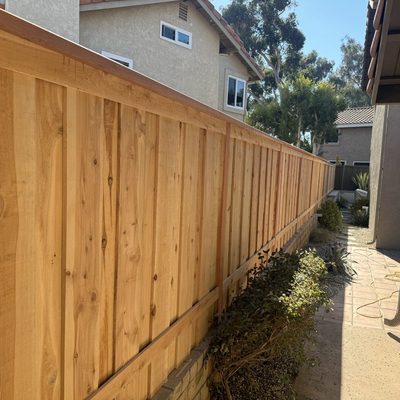 Tall cedar board-on-board privacy fence running alongside a two-story home
