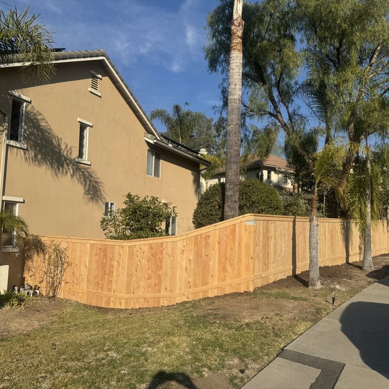 New cedar fence along a residential front yard with palm trees