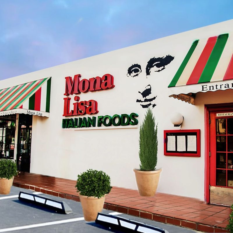 Storefront entry with fencing and planters at a local Italian food market